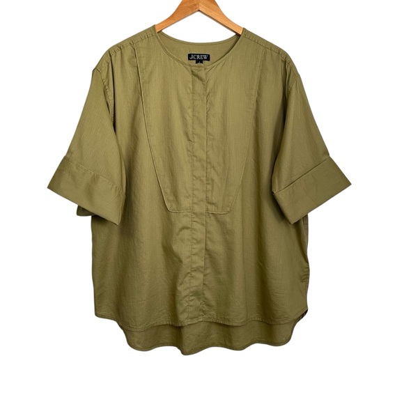 J Crew Womens Bib button-up shirt Sz Large herringbone twill/green Shirt Sleeve - Picture 1 of 10